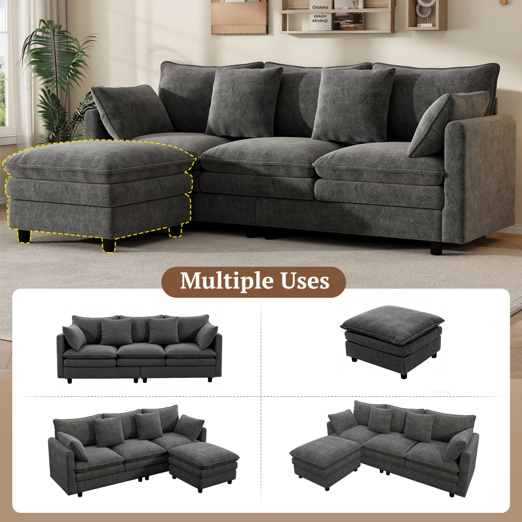 Divano angolare con chaise longue mobile 3 posti con 4 cuscini e 3 schienali in ciniglia grigia 212 × 150 × 90 cm