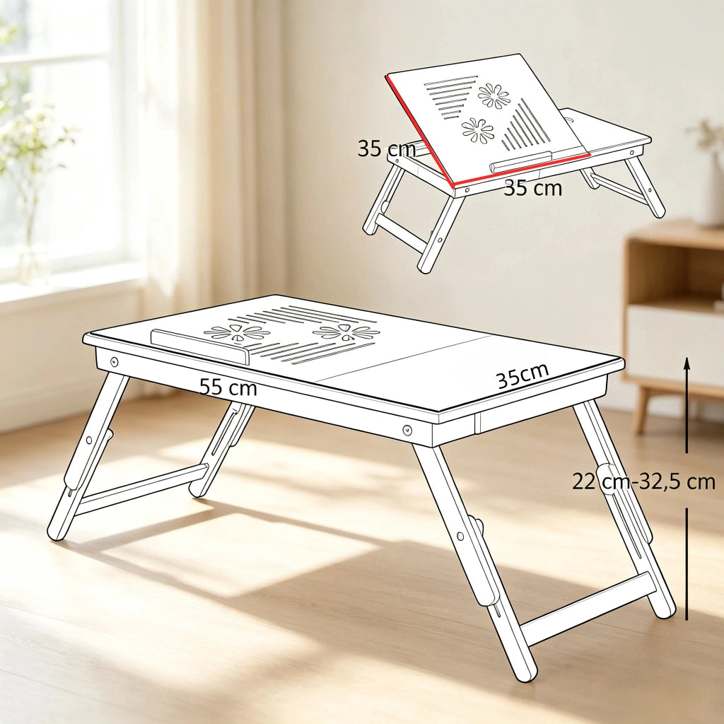 Tavolino pieghevole con cassetto e piano inclinabile per letto in bambù 55×35×22-32.5 cm