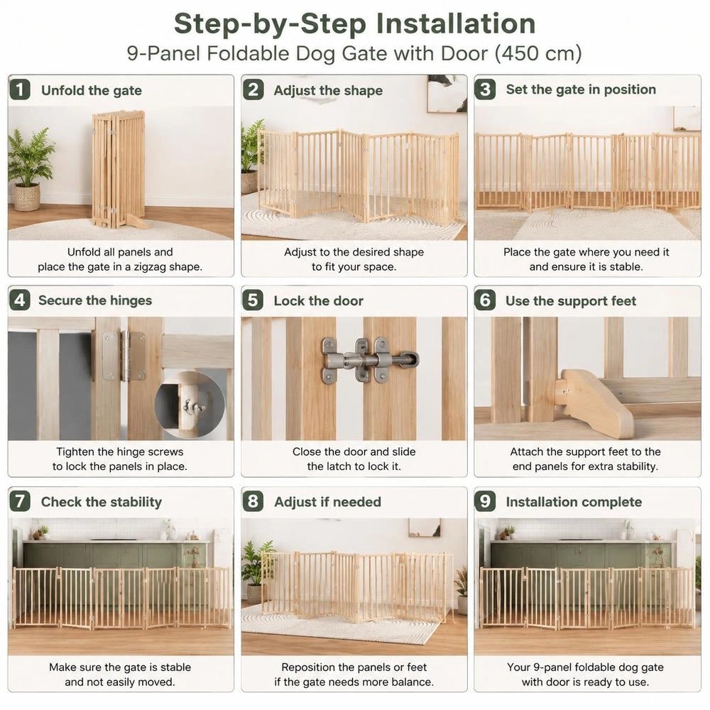 9-piece Dog Gate With Door, Foldable, 450 Cm, Poplar Wood