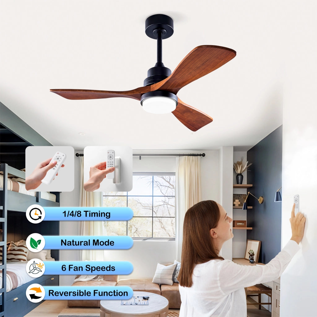 Ventilatore da soffitto con luce LED; motore DC reversibile; telecomando e pale in legno nero e noce scuro