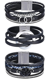 Set di bracciali in pelle boho - 3 pezzi - con chiusura alta - progettati per essere stivati - disegno sostenibile - forma comoda - chiusura di alta qualità