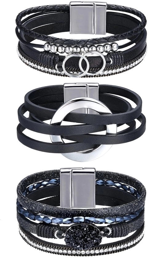 Set di bracciali in pelle boho - 3 pezzi - con chiusura alta - progettati per essere stivati - disegno sostenibile - forma comoda - chiusura di alta qualità