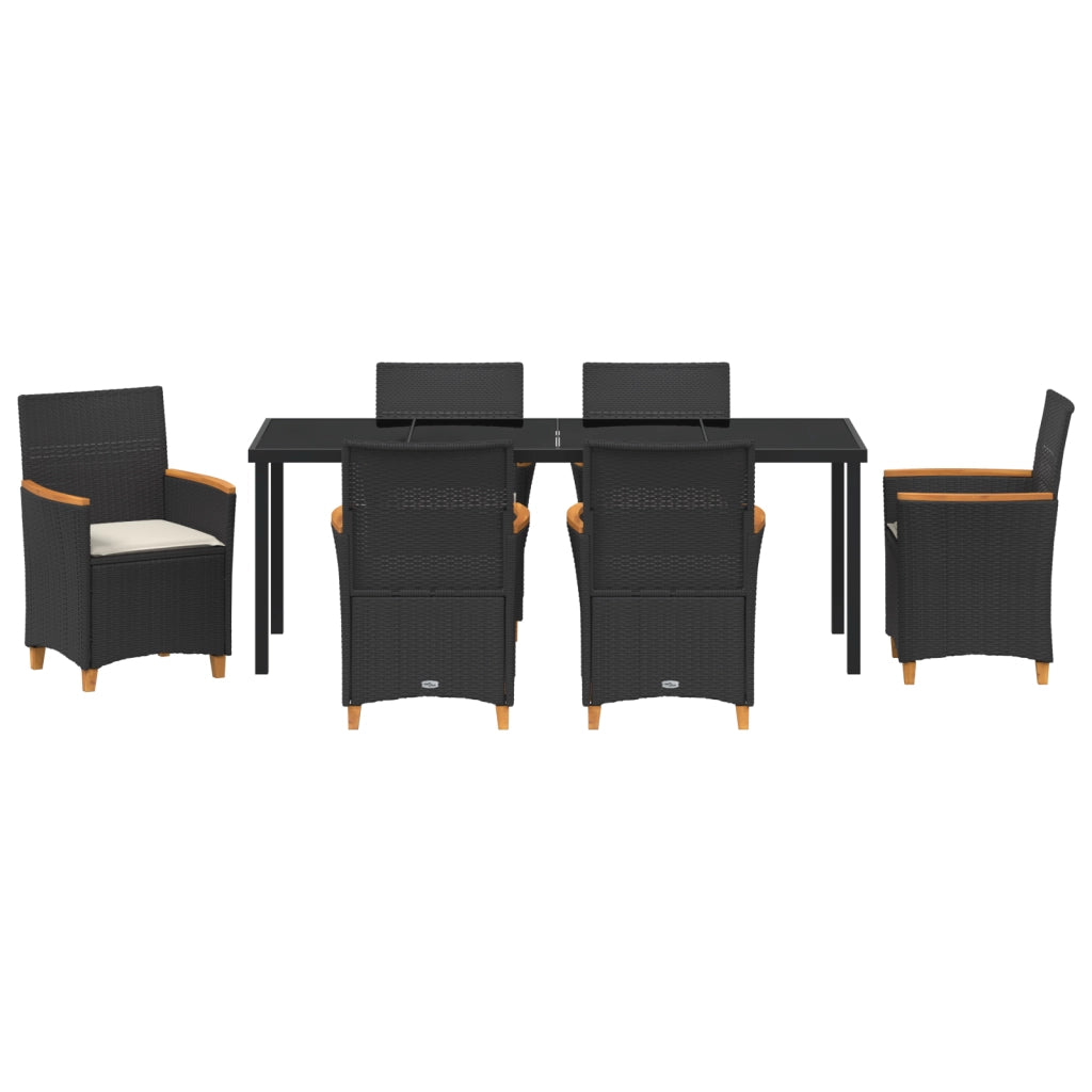 Set di Pranzo da Giardino 7 Pezzi con Cuscini in Rattan Poliestere Nero