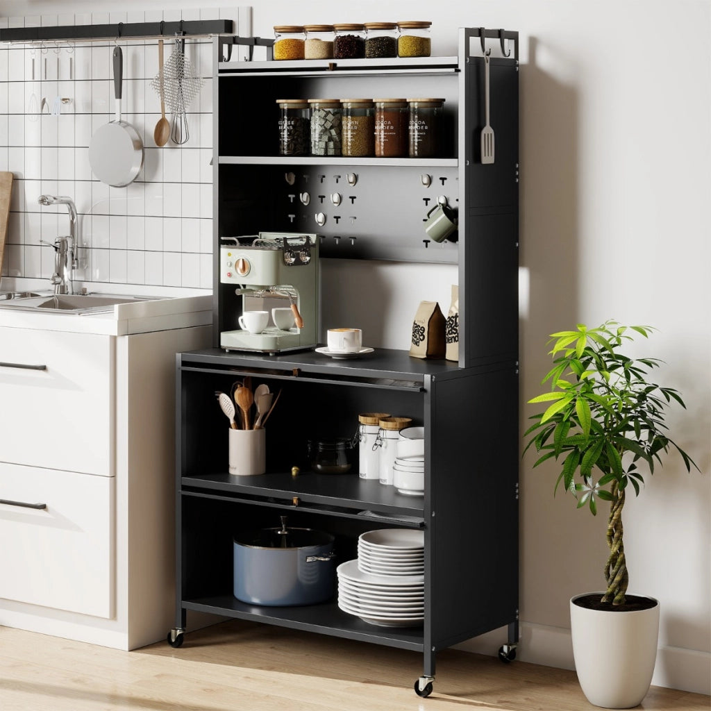 Mobile da cucina rete a 5 ripiani supporto microonde ante a ribalta, Mobile da cucina pannello con ganci Grigio