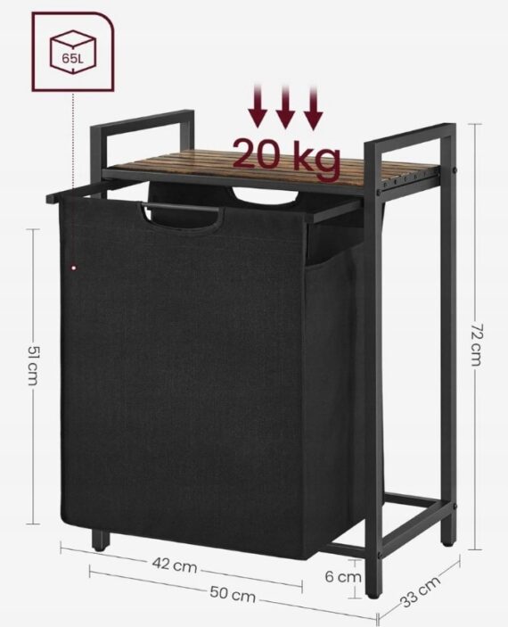 Cesto della biancheria con misure 72x33x50 cm, colore nero, capiente e pratico.