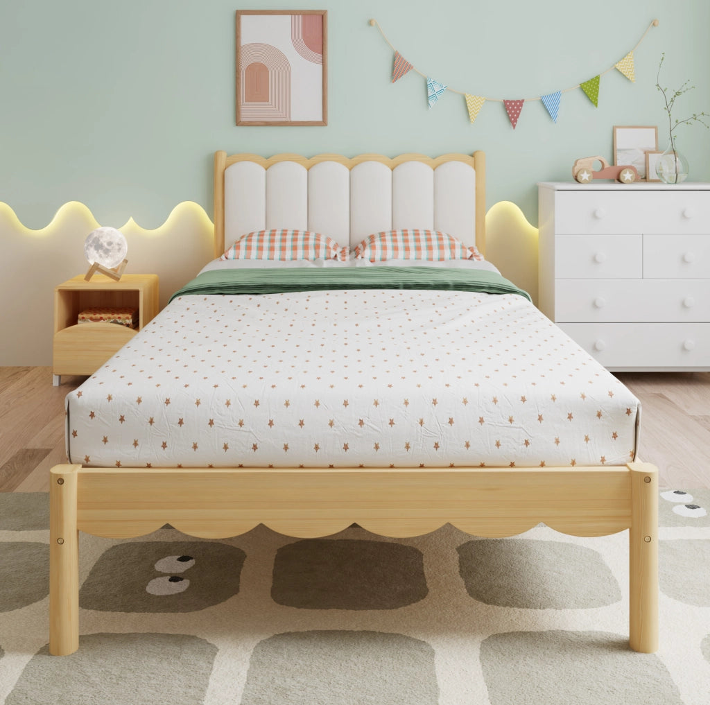 Letto imbottito per bambini con testiera a onda, 90x200 cm, beige e naturale
