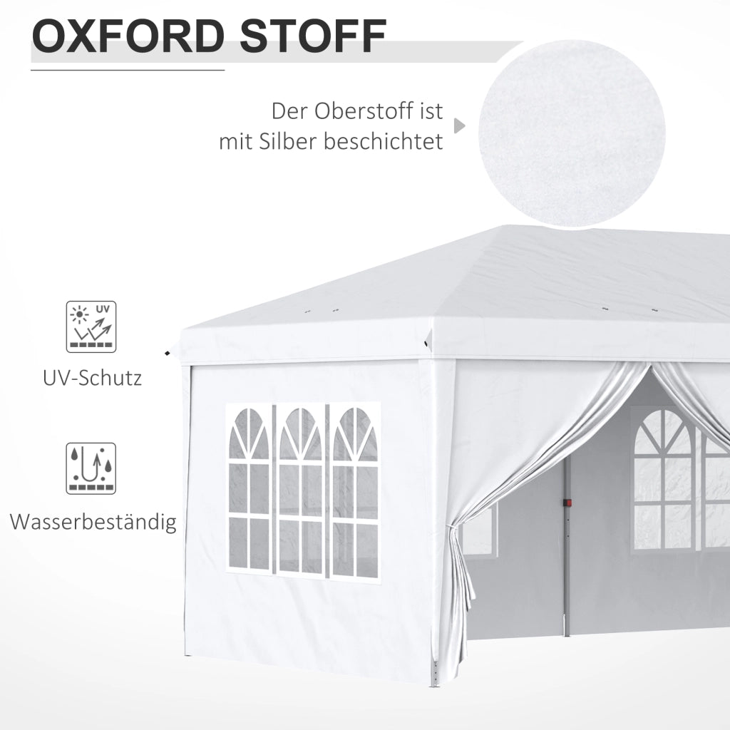 Gazebo da giardino pieghevole Padiglione 5.85 x 2.95 m con protezione UV tenda con pareti laterali e finestre porte con cerniera acciaio bianco