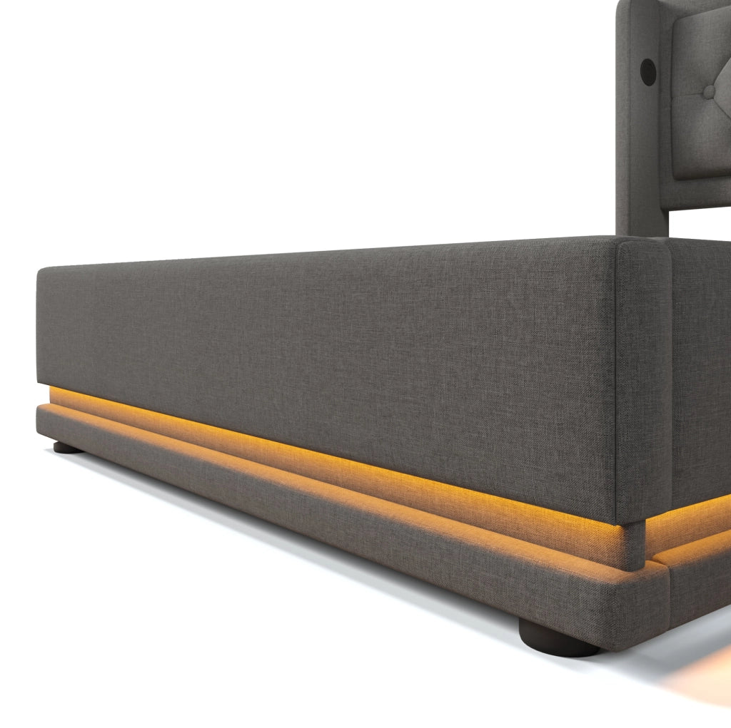 Letto imbottito singolo ULEVR 90x200 cm con contenitore idraulico, LED, USB e Type-C, cotone grigio