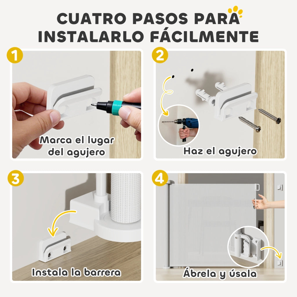 Barriera di sicurezza per cani retrattile con chiusura ¨C zephmum ¨C 142x10x87 cm bianco