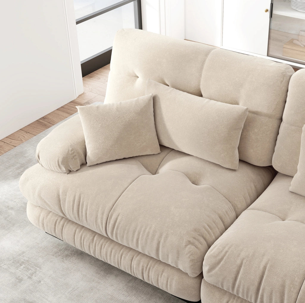 Divano angolare modulare 220x145x81 cm in chenille marrone chiaro, con 2 pouf –