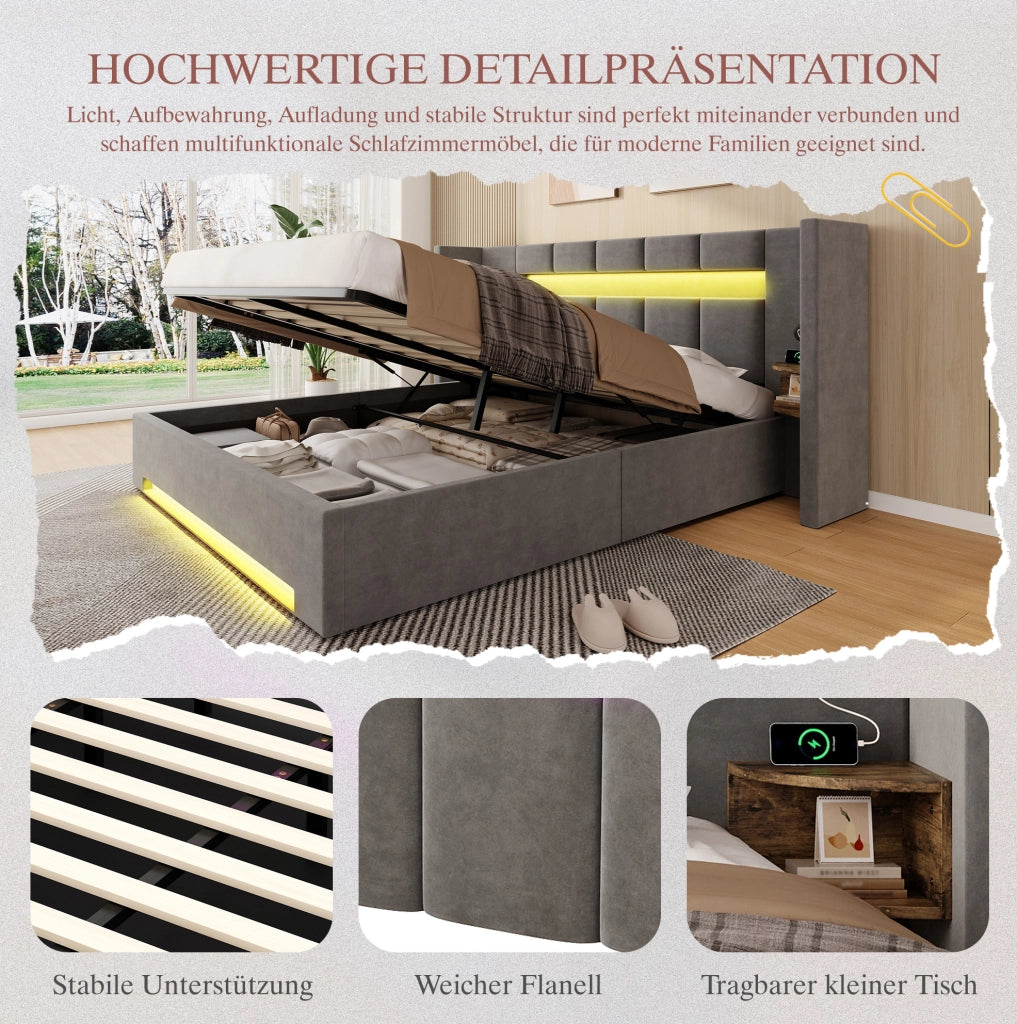 Letto matrimoniale 160x200 cm con contenitore idraulico; LED e USB in velluto grigio scuro