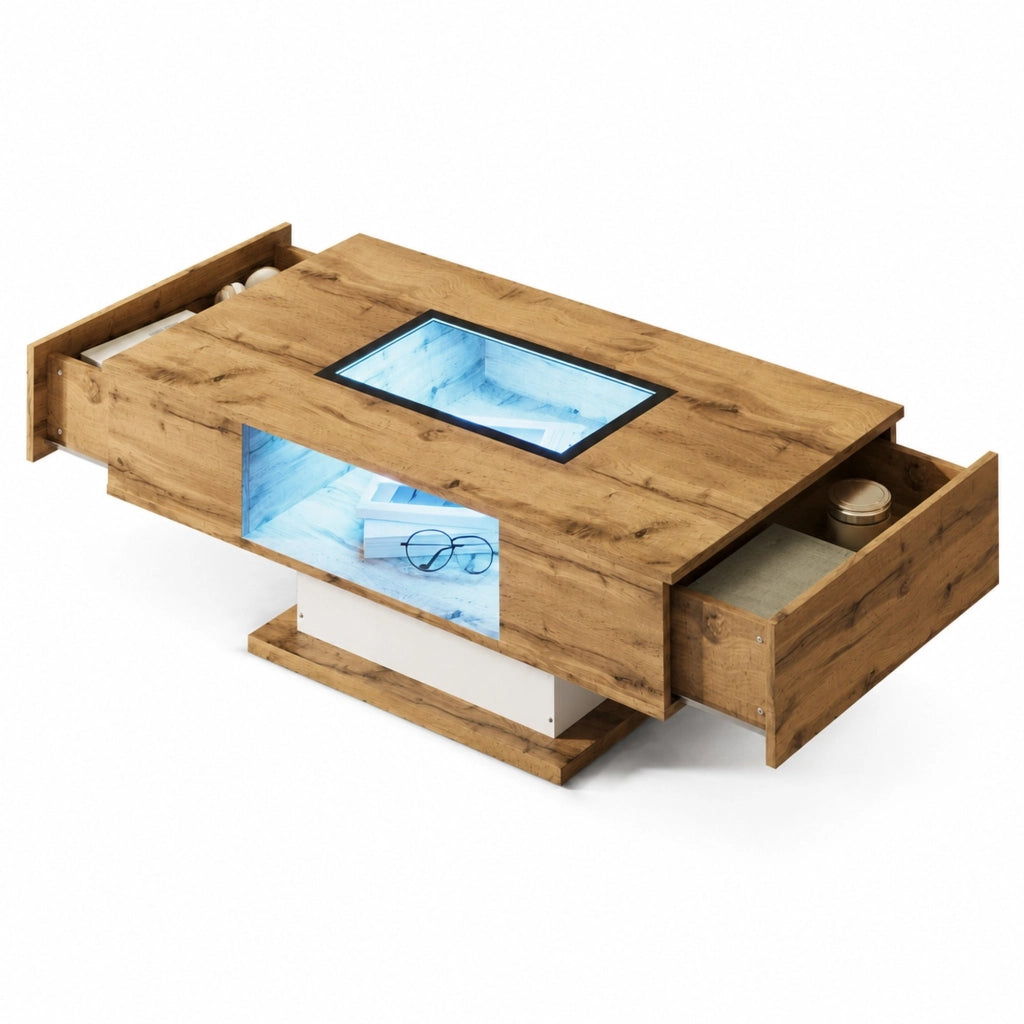 TAVOLO Basso con 2 Cassetti e LED, 110,2 x 60 x 39,7 cm, bianco e legno