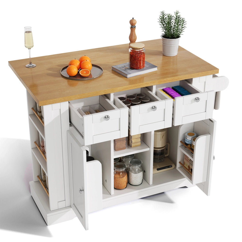 Carrello da Cucina con 3 Cassetti; 2 Ante; Piano Pieghevole; Presa e USB; 5 Ruote; in MDF; Bianco Naturale