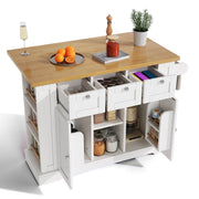 Carrello da Cucina con 3 Cassetti; 2 Ante; Piano Pieghevole; Presa e USB; 5 Ruote; in MDF; Bianco Naturale