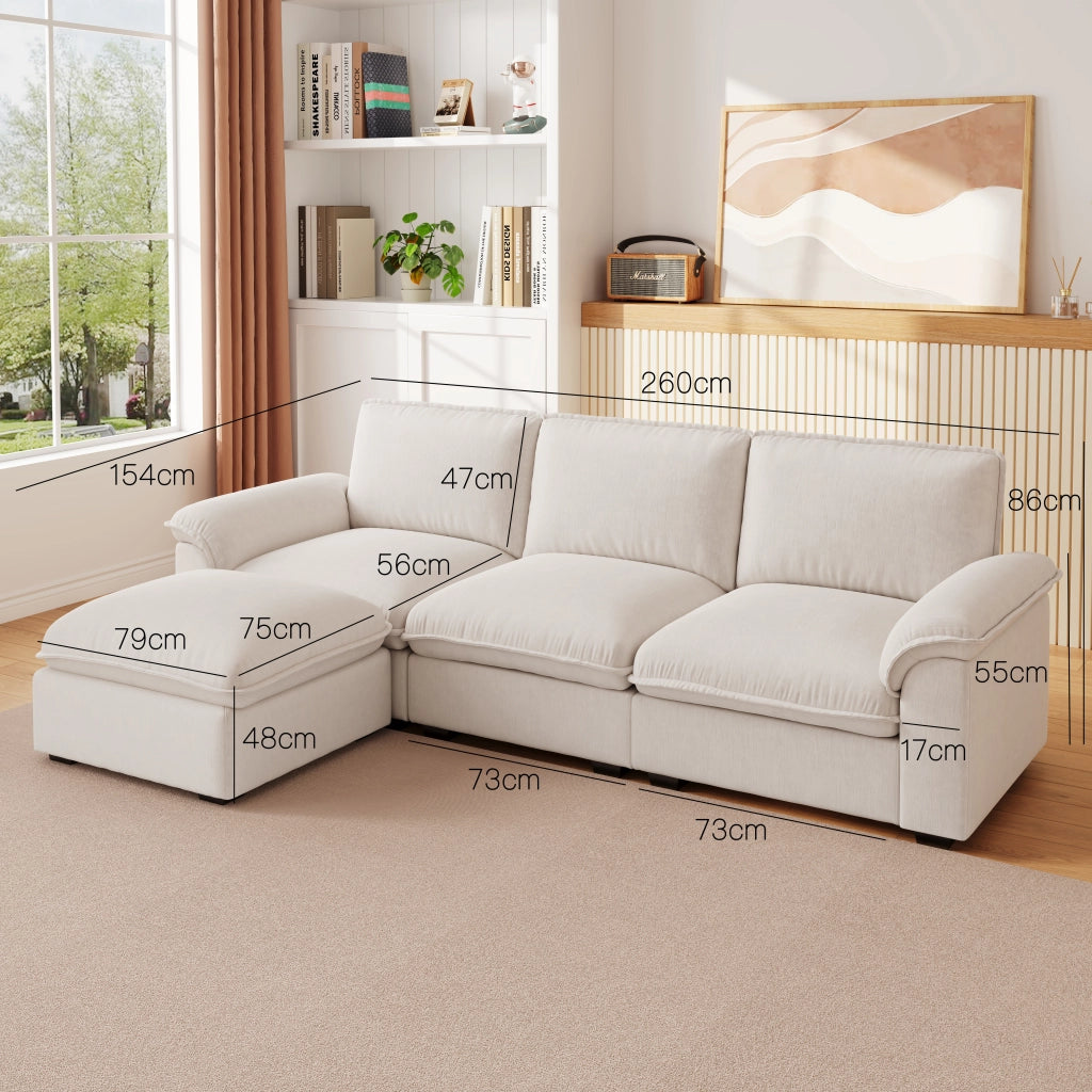 Divano angolare modulare 4 posti con ottomana configurabile cuscini di supporto design ergonomico in chenille beige