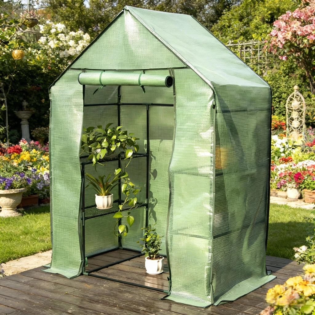 Serra a tunnel con porta a zip in PVC e tubi in acciaio verniciato per orto e coltivazione verde 143 × 215 × 195 cm