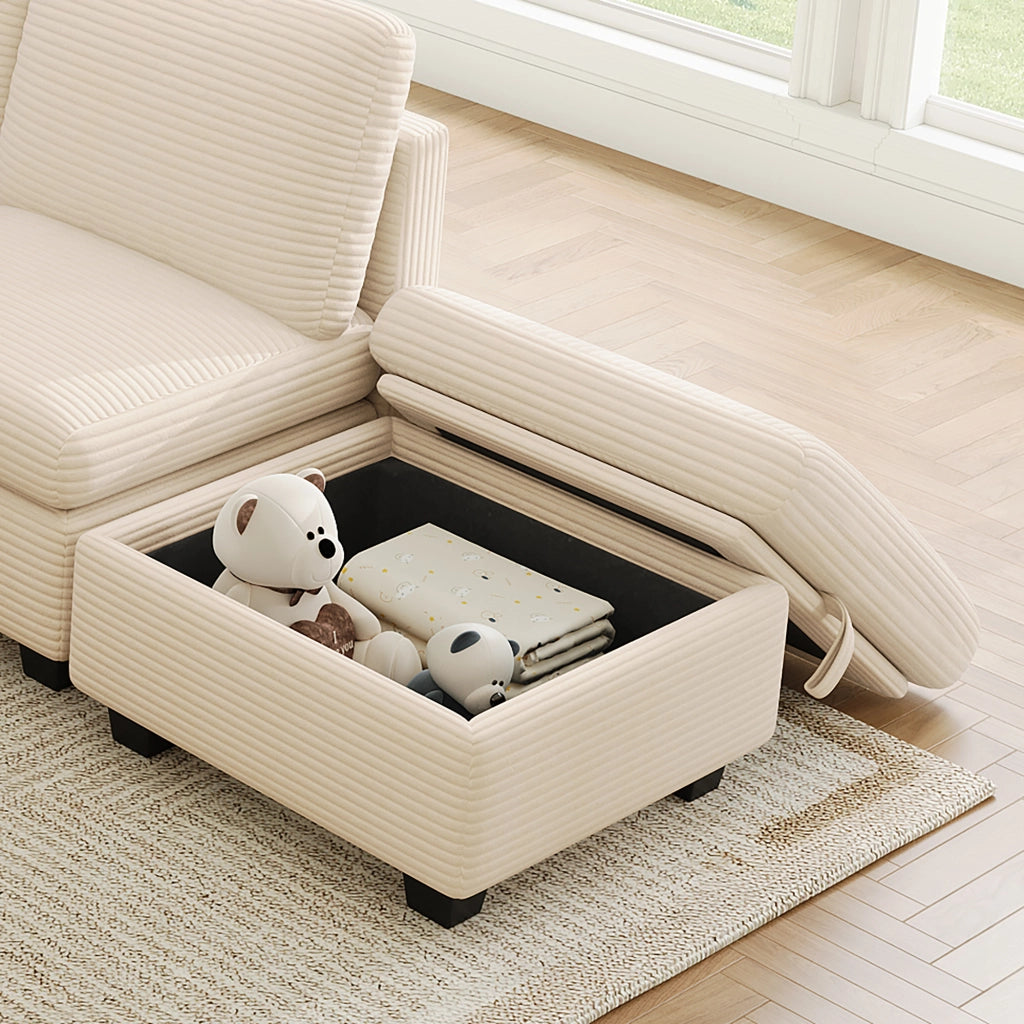 Divano angolare modulare 6 posti - con contenitore e console mobile - in velluto a coste beige