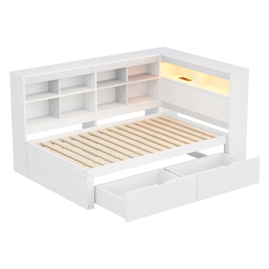 OKWISH Letto a Divano 90×200 cm, Letto Singolo con USB, Presa e LED Regolabile, Mensole e Cassetti, senza Materasso, Legno, Bianco