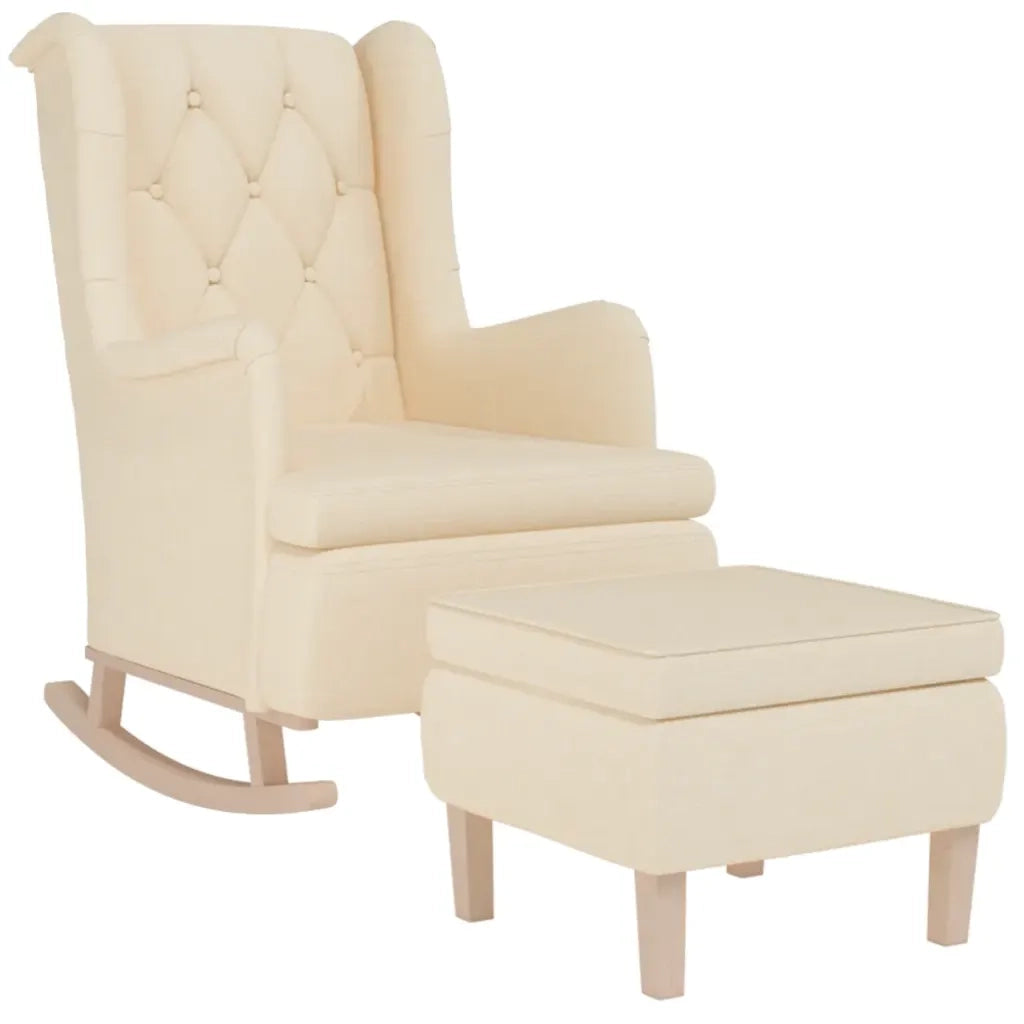 Poltrona con Gambe a Dondolo e Sgabello Crema in Tessuto 3121281