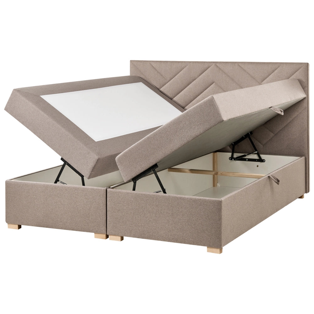 Letto contenitore in tessuto imbottito tortora 160x200 cm con apertura a sollevamento continentale