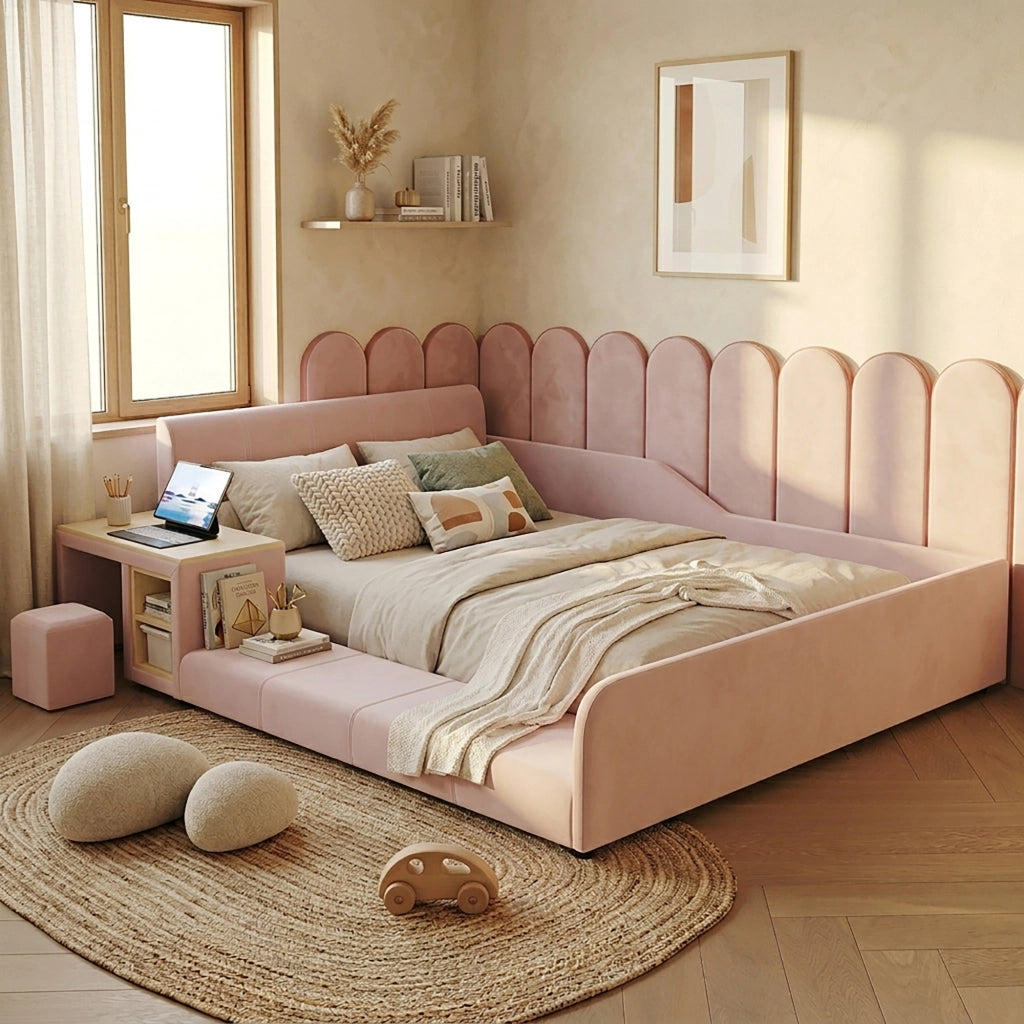 Letto Combinato 140 x 200 cm; Letto Singolo - Scrivania; Sgabello e Mensola - Rosa