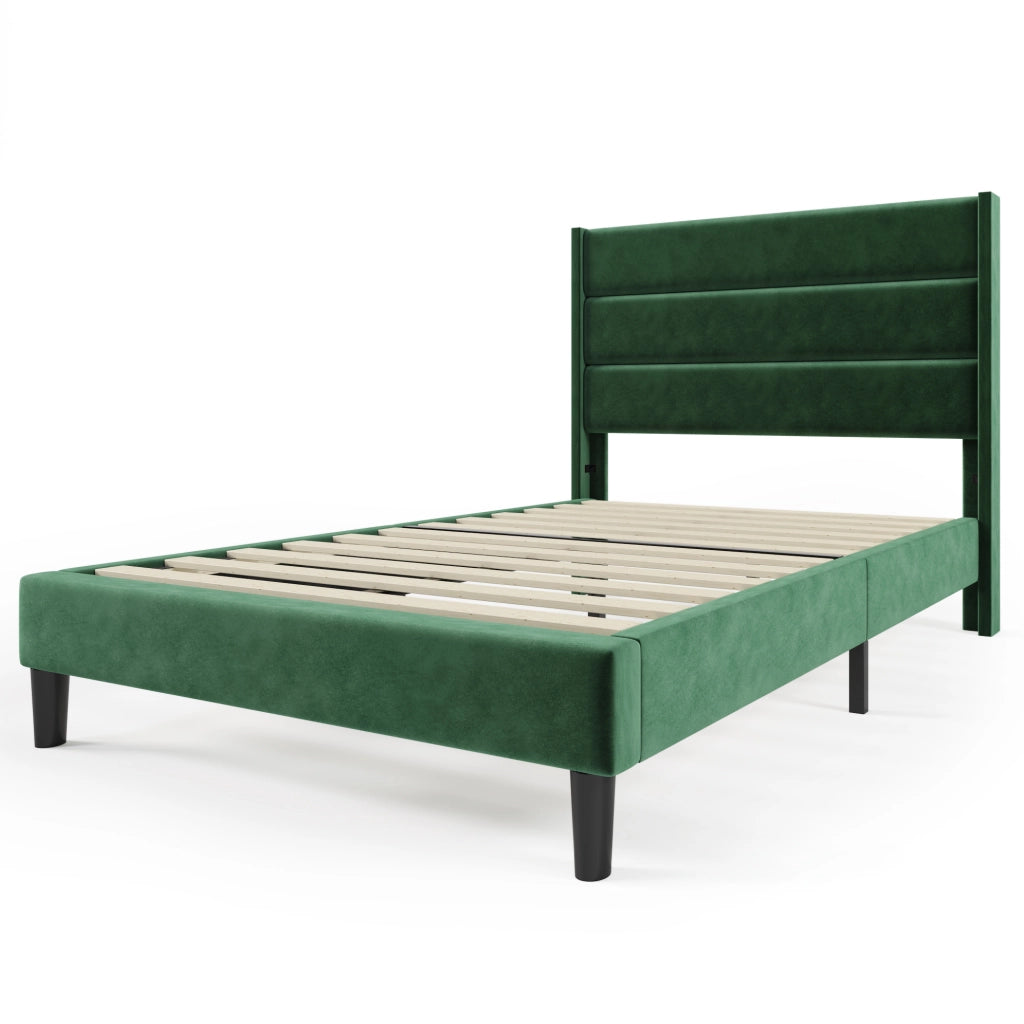 Letto imbottito 90x200 cm con testiera e rete; velluto verde