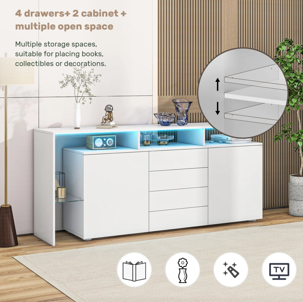 Credenza moderna 160 cm con LED; 4 cassetti; 2 ante e vetro; bianca