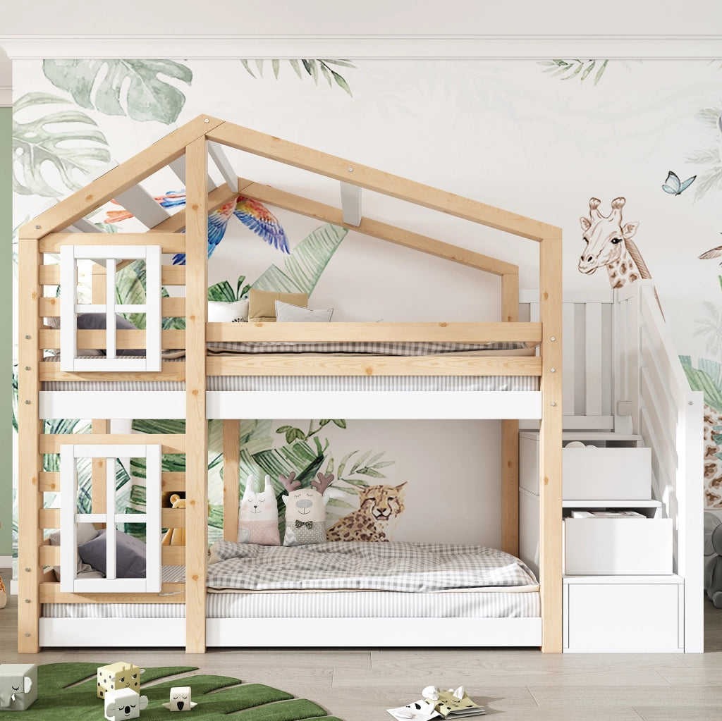 Letto a castello per bambini 90x200 cm con scala contenitore