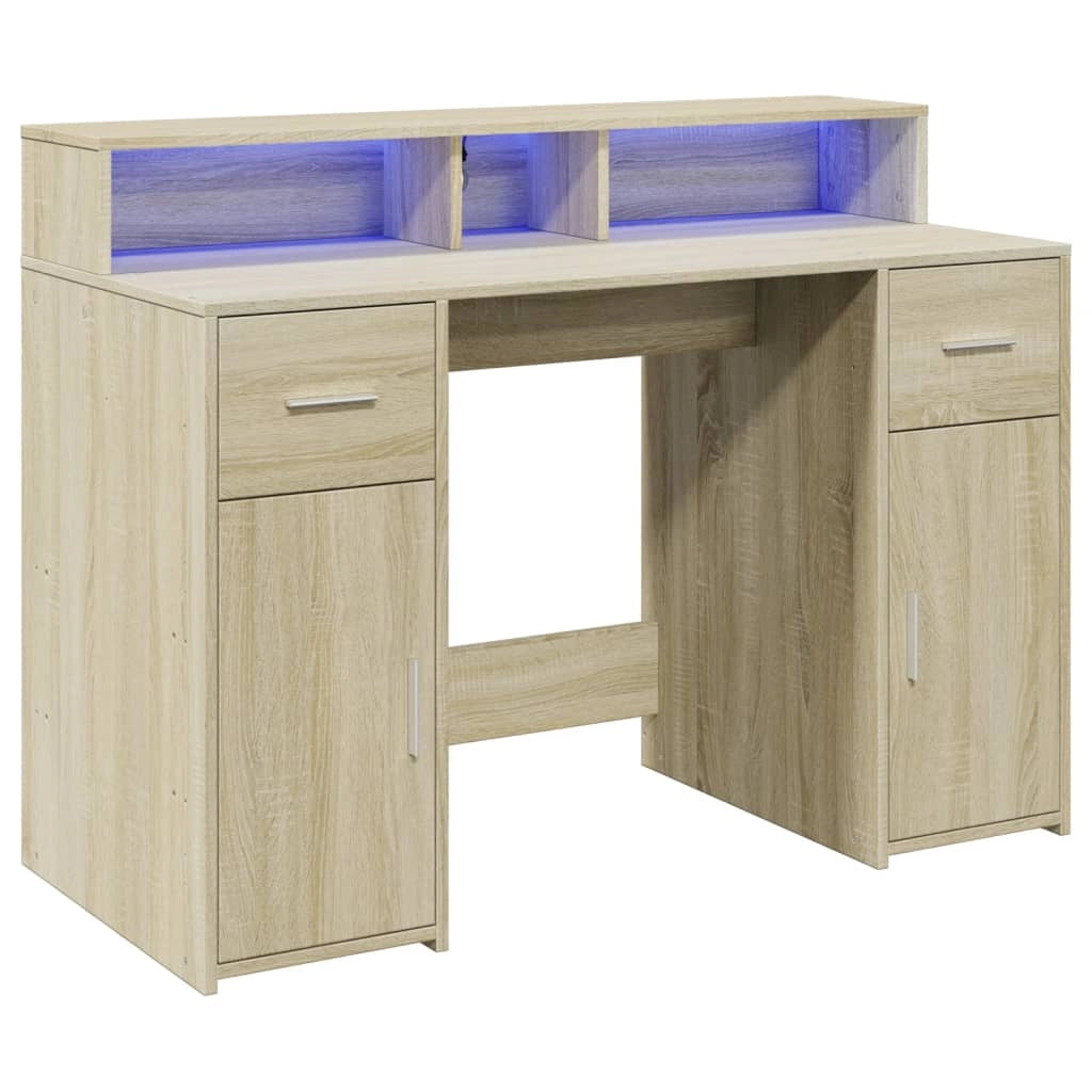 Scrivania tavolo postazione di lavoro mobile per computer scrivania da studio con luci a LED legno ingegnerizzato rovere Sonoma marrone 02_0023422