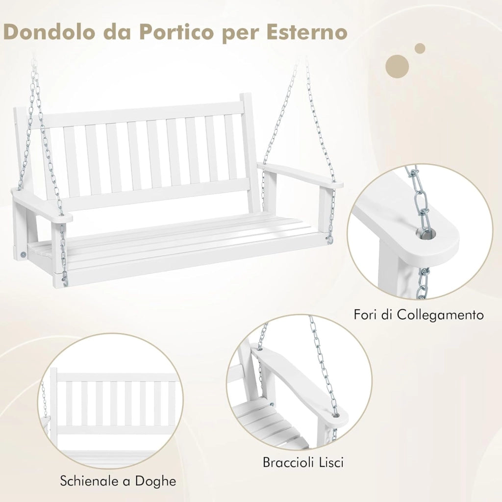 Altalena da Giardino in Legno per 3 Persone, Panchina Sospese in Legno con Capacità di Peso di 360 kg, Sedia a Dondolo per Giardino, Cortile (168 x 65 x 63 cm, Bianco)
