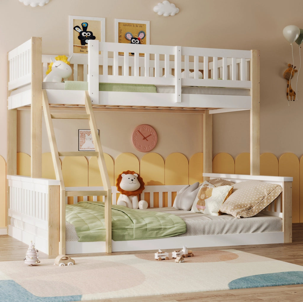 Letto a castello in legno 90x200 cm + 140x200 cm con scala e sponde