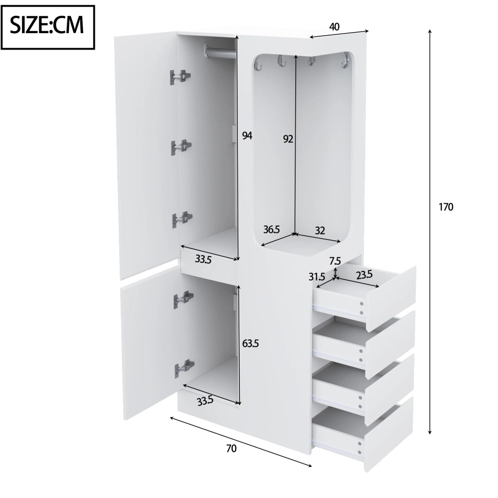 ARMADIO 70 x 40 x 170 cm con cassetti e vano appendiabiti aperto Bianco
