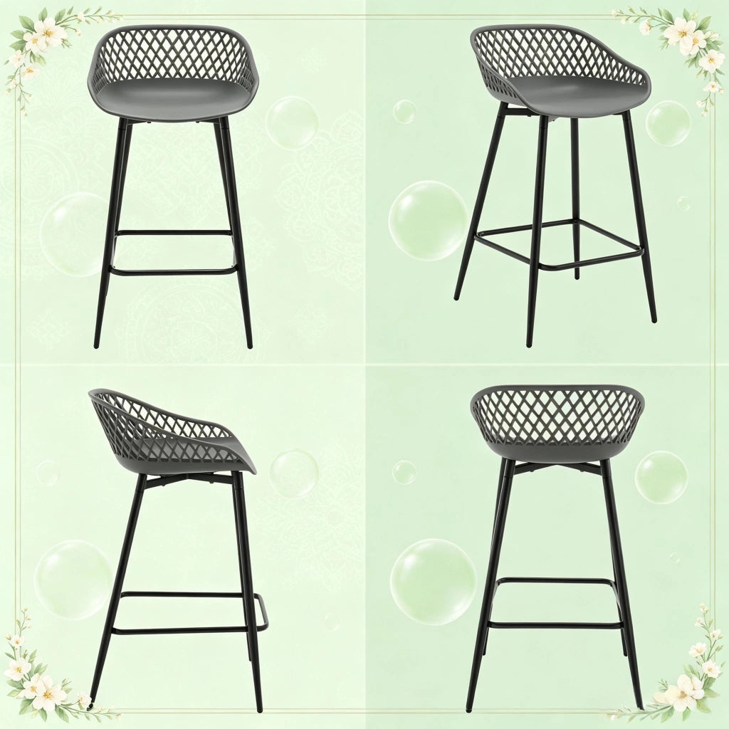 Sgabello da bar set da 2 con schienale traforato e poggiapiedi in pp e metallo grigio per cucina e giardino
