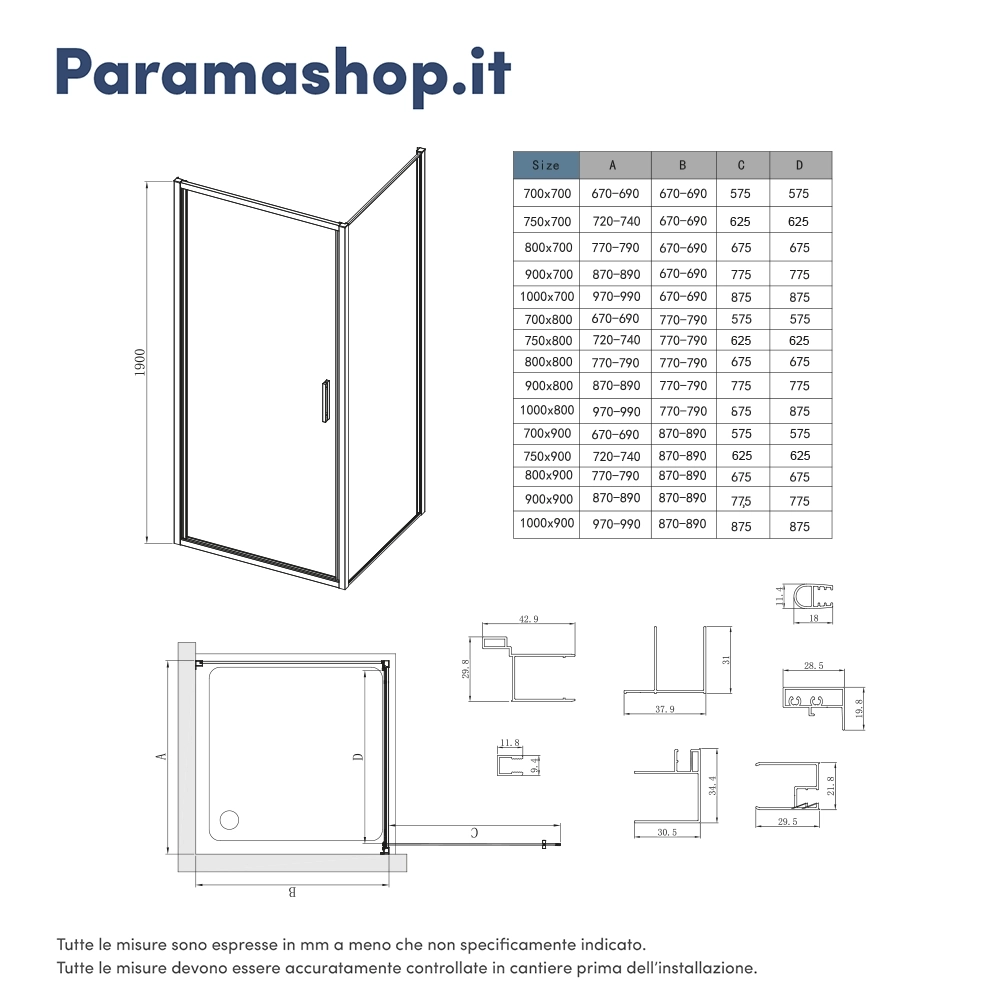 Box doccia slim 80x90cm con porta a battente e parete fissa profili cromati e vetro 6mm trasparente h190| Portofino