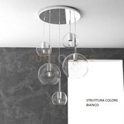 SOSP. BIANCO TONDA 5 LUCI VETRI (1 GRANDE+1 MEDIO+3 PICCOLO) TUTTI TRASPARENTE 1155BI-S5 TMIX-TR