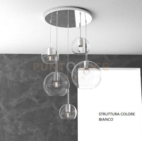 SOSP. BIANCO TONDA 5 LUCI VETRI (1 GRANDE+1 MEDIO+3 PICCOLO) TUTTI TRASPARENTE 1155BI-S5 TMIX-TR