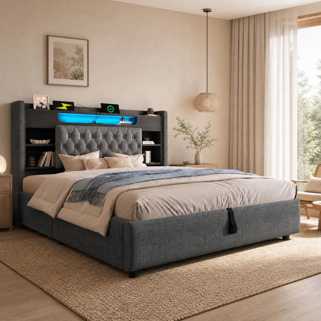 Letto contenitore 140 × 200 cm 2 posti con LED; 3 USB e Type-C; mensole; senza materasso; grigio
