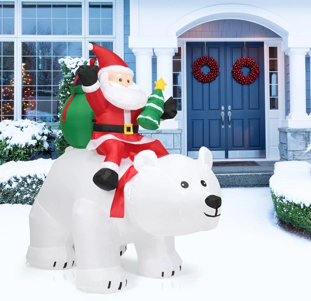 Decorazioni Natalizie, Babbo Natale Gonfiabile su Orso Polare con Testa Sbalzante, 200 X 87,5 X 175 CM, Luce LED Incorporata, Addobbi Natalizi per Esterno Interno per Giardino, Cortile, Prato