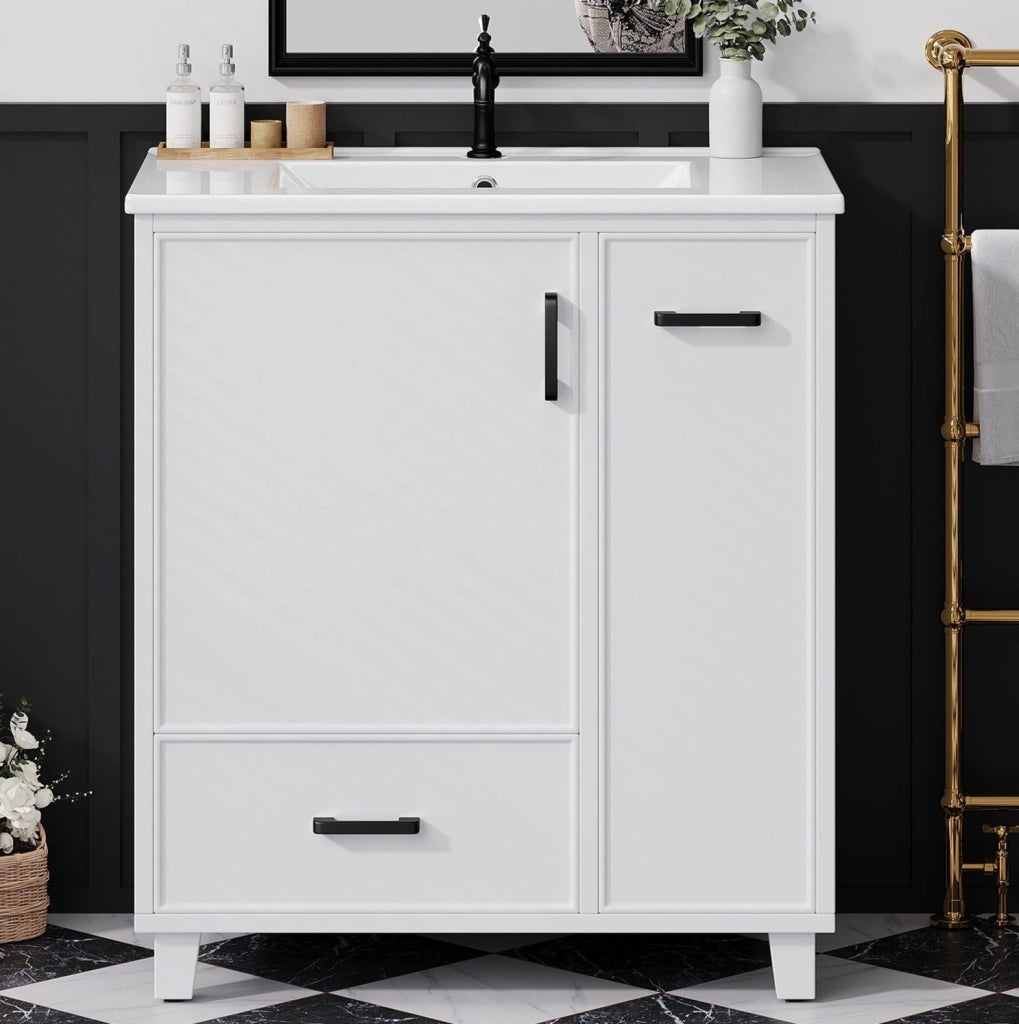 Mobile bagno a terra bianco con lavabo in ceramica e 2 cassetti
