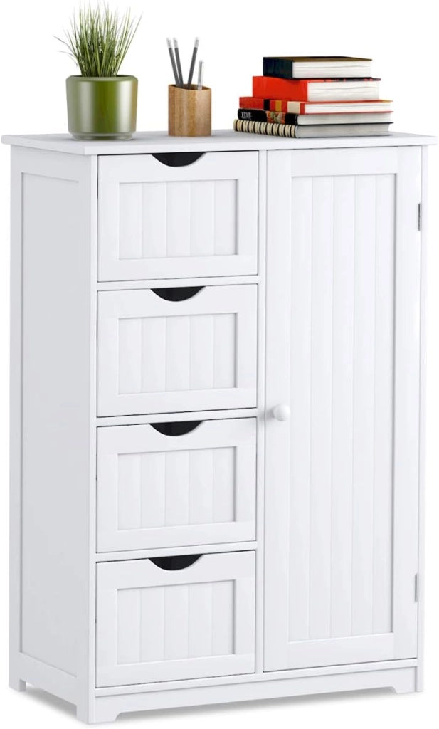 Armadietto Bagno Spazioso, con 4 Cassetti Scorrevoli, Anta Magnetica, Ripiano Regolabile, Mobiletto Multiuso, Carico Massimo di 70 kg, 56x30x82 cm, Bianco