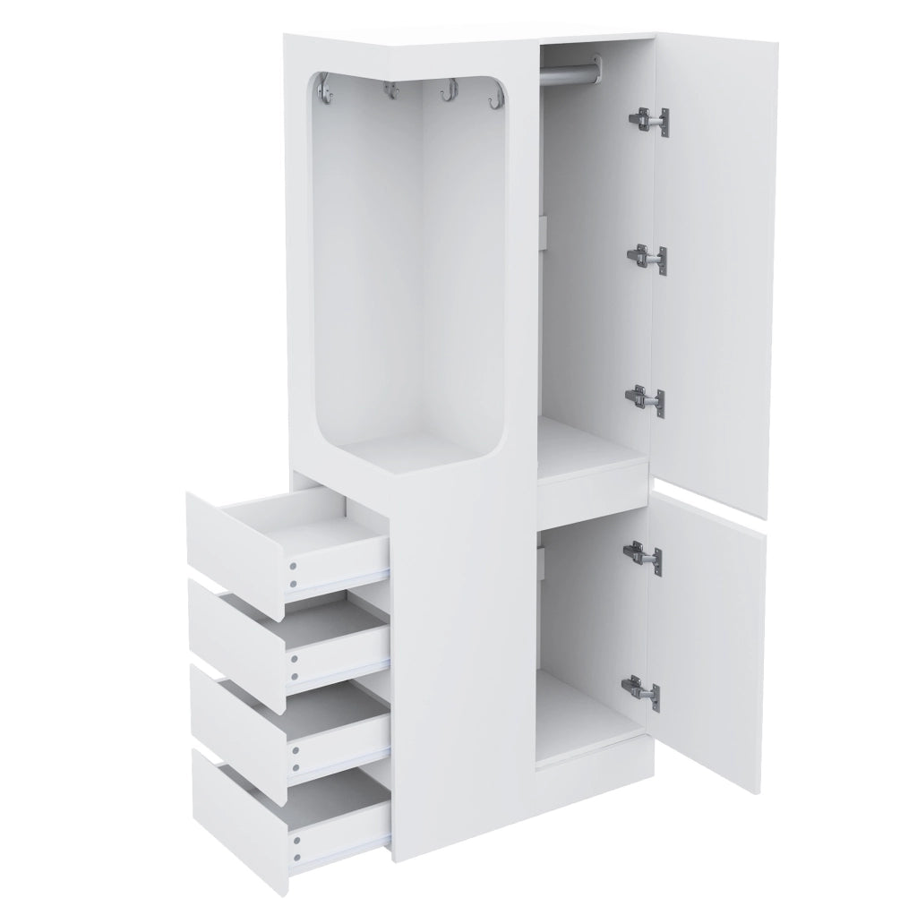 Armadio a un'anta 70x40x170 cm con 4 cassetti e vano appendiabiti aperto; bianco