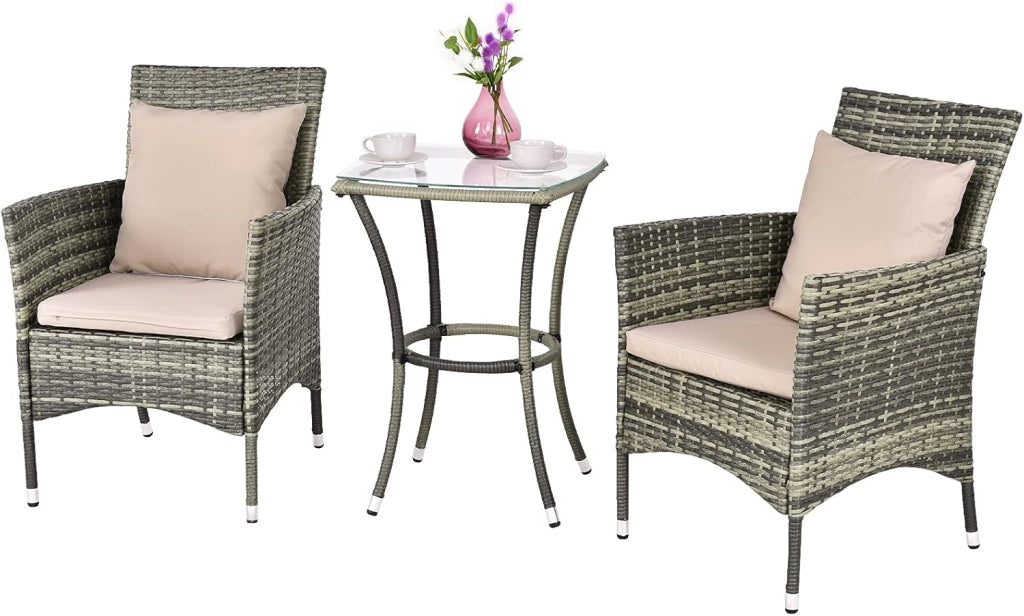 Set Mobili da Giardino in Rattan 3 Pezzi, Salottino da Giardino con 2 Poltrone e 1 Tavolino da Caffè in Vetro, Cuscini Inclusi, Resistente alle Intemperie