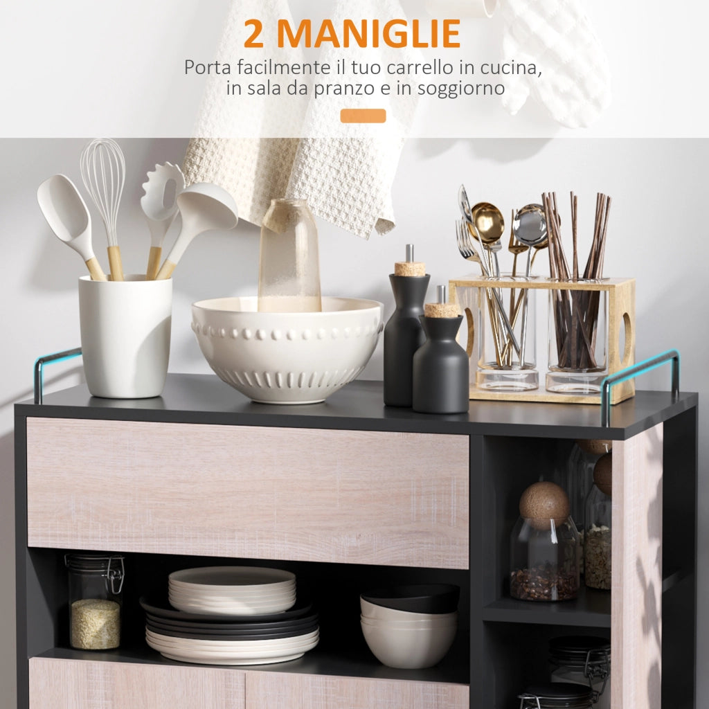 EasyComfort Carrello da Cucina Multiuso Moderno con Ruote Cassetto Anta in Legno Rovere, 76,5x40x82cm