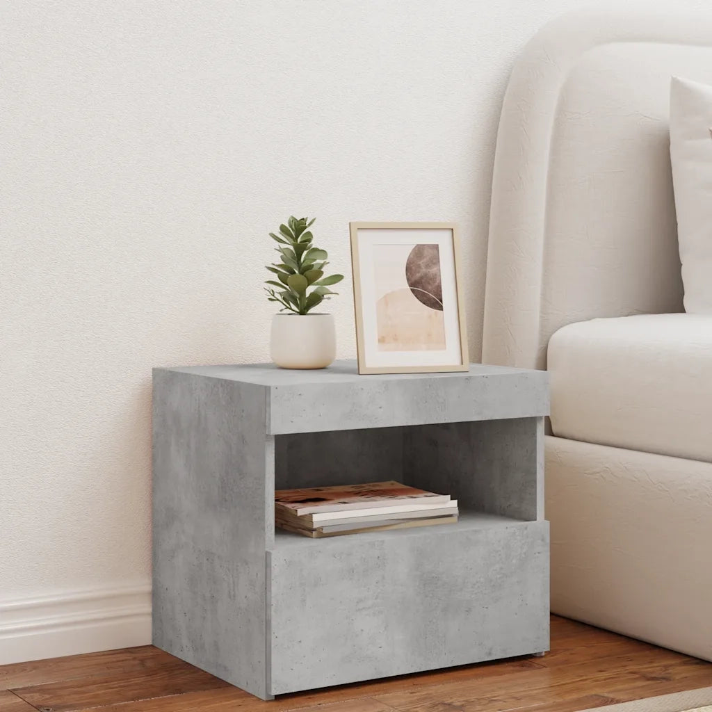 Comodino con Luci LED-Tavolino da notte Grigio Cemento 50x40x45 cm