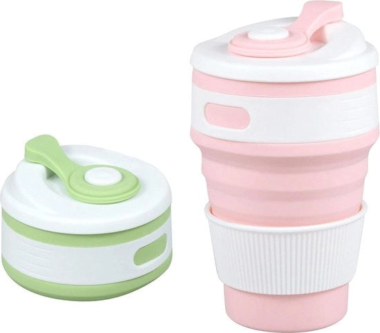 Set di bicchieri in silicone pieghevoli 2 (ogni 350 ml) BPA libero da riciclo becher da viaggio sport - leggero - ermetico - pieghevole - trasportabile - per campeggio esterno e ufficio - verde-rosa.