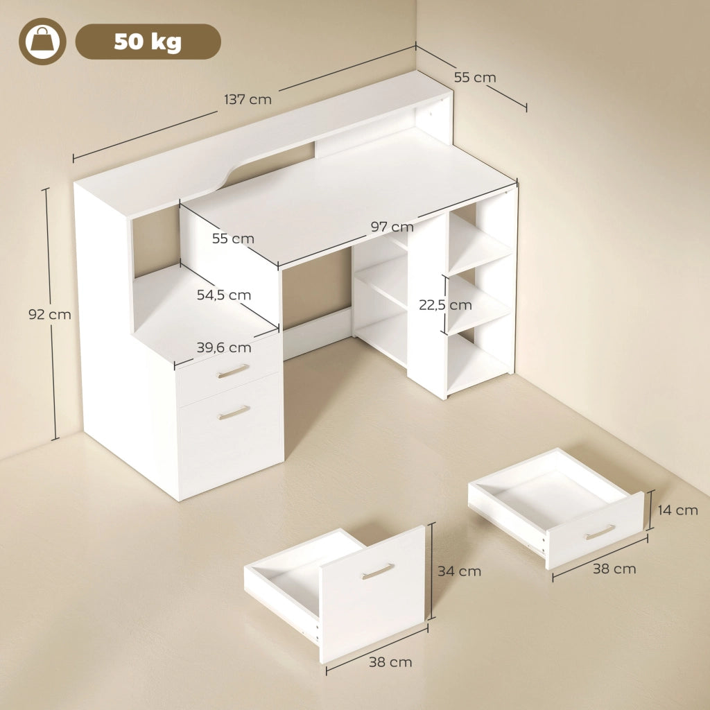 Scrivania per Computer con 2 Cassetti e Ripiano per Stampante, Bianco, 137x55x92cm, per Casa e Ufficio