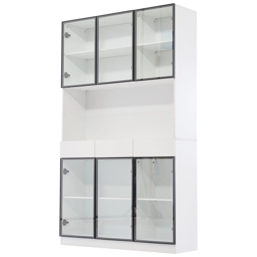 Vetrina con 6 ante; 3 cassetti e LED - per soggiorno - 120x30x200 cm - bianco