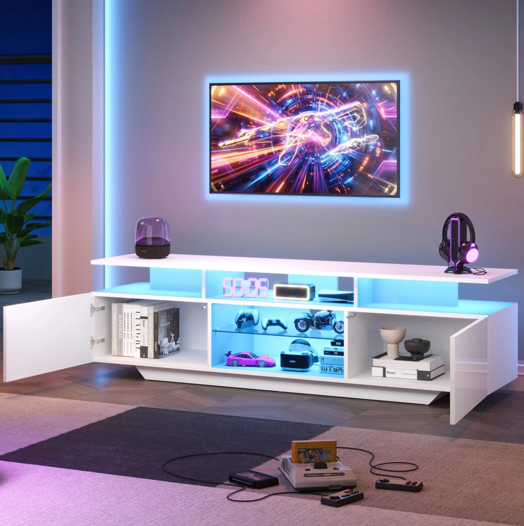 Mobile TV bianco 160 cm con LED, 2 armadietti e 8 ripiani