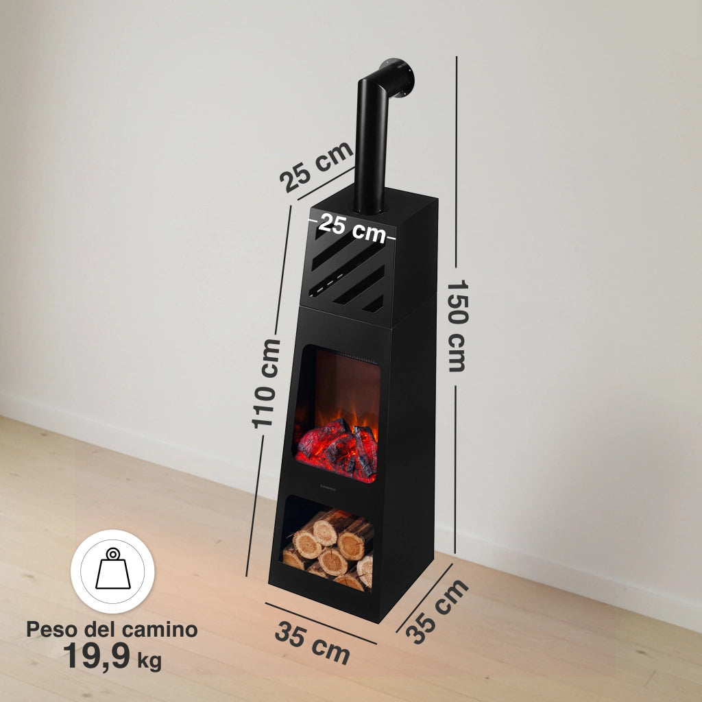 KAMINIO Caminetto elettrico da giardino con tubo KAI XL - Stufa de terrazzo  elettrico con riscaldamento, effetto fiamma 3D, luce ambiente a LED, scomparto de legno, telecomando - X-Large, Nero