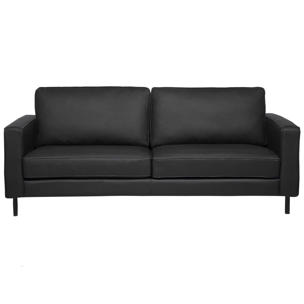 Divano in pelle nera a 3 posti con gambe in metallo con schienale imbottito e minimalista moderno